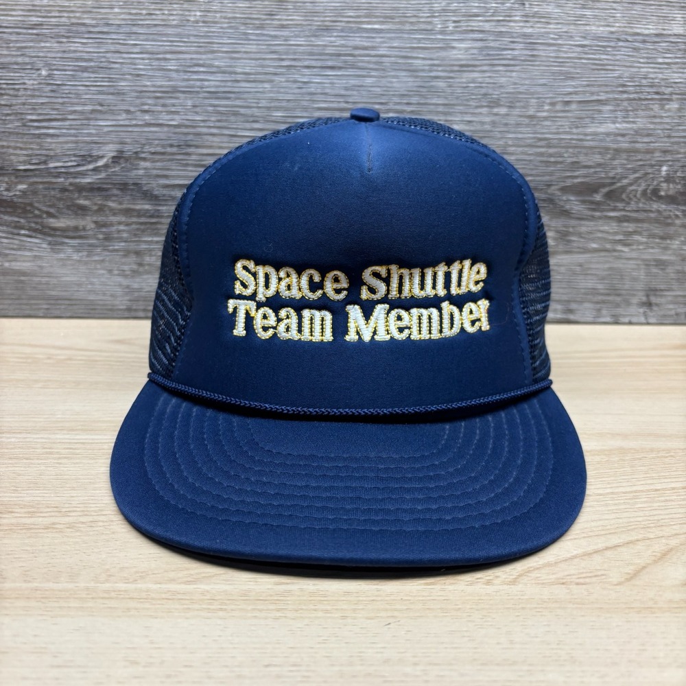 VINTAGE Space Shuttle Team Member Hat Cap Snap Back Blue Rope Mesh Trucker Mens